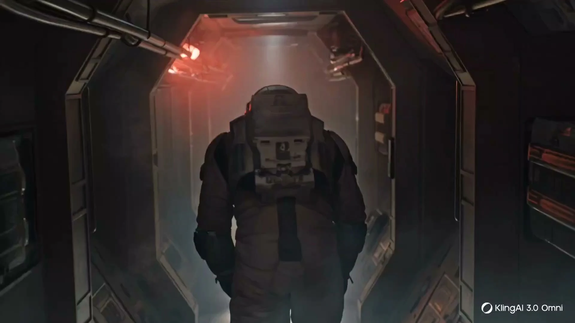 Follow shot of exhausted astronaut in a dark corridor