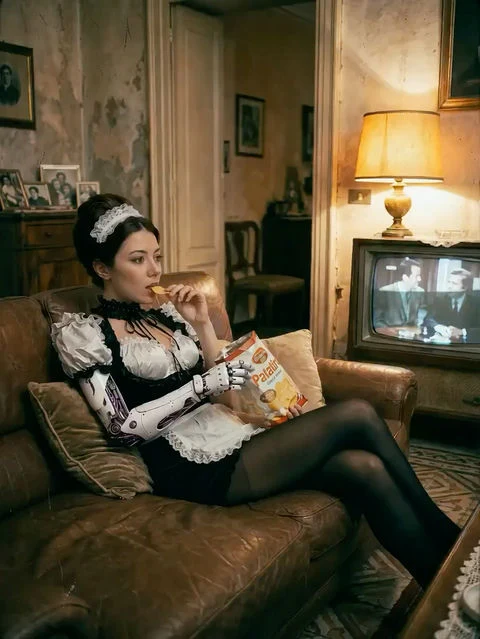 Instantanée Kodak : une ambiance paresseuse et sensuelle dans un costume de femme de maison d'inspiration italienne