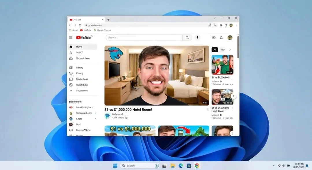 Navigation de l'interface Windows 11 en haute définition pour visionner les vidéos populaires de MrBeast
