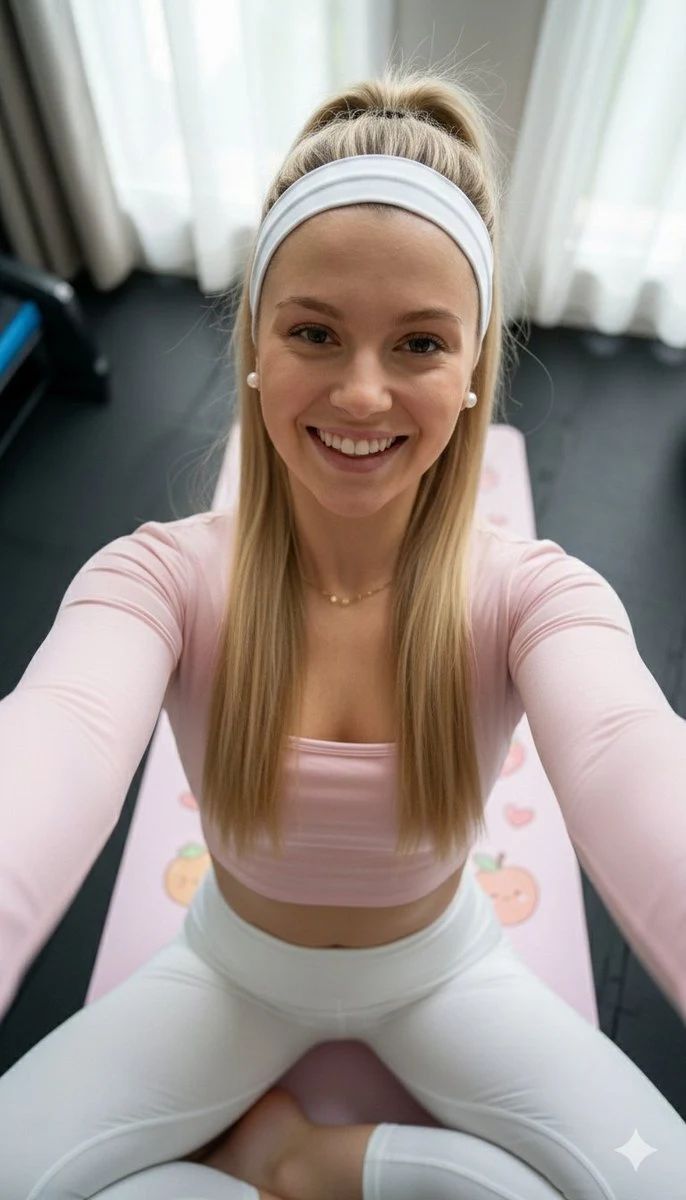 Autoportrait d'une jeune femme pratiquant le yoga, prise en plan surélevé, avec un air doux et mignon.