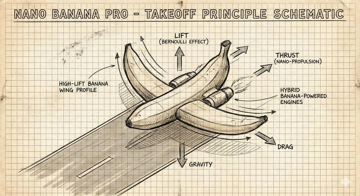 Creative hand-drawn style schematic diagram of the principle of airplane takeoff in isometric view