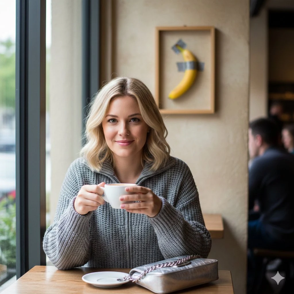 Femme aux cheveux dorés souriant dans un café sous une lumière douce