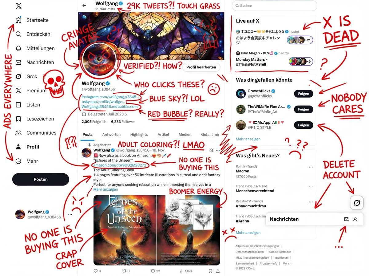 Rouge encre folle, graffitis et annotations maladroites