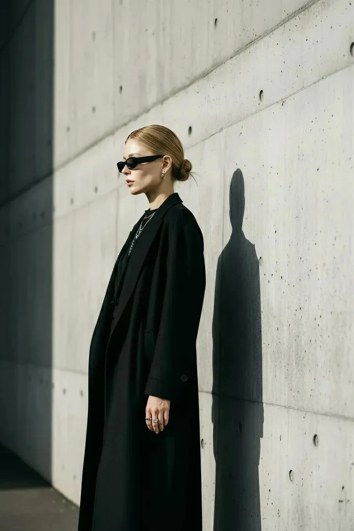 Cool and stylish black-clad fashion girl in front of modern concrete walls