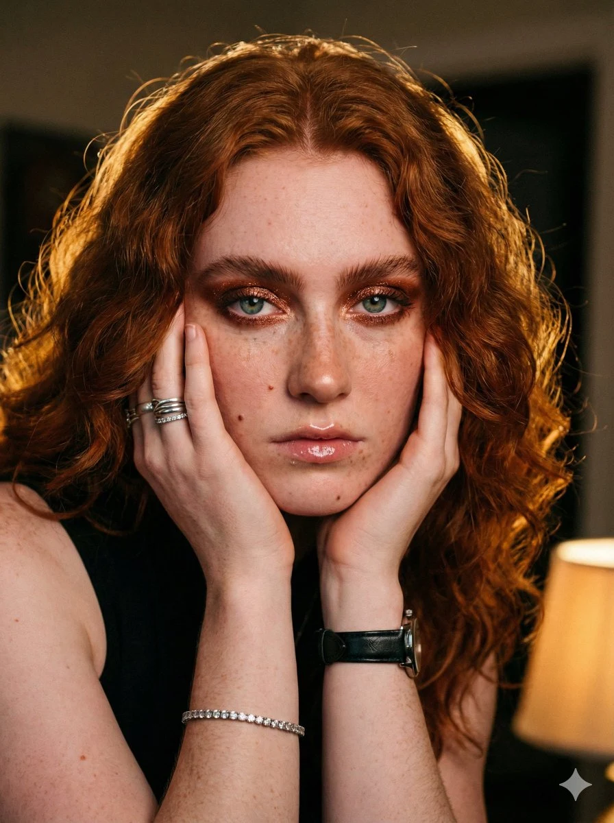 Portrait d'une jeune fille rousses aux taches de rousseur, magnifiquement éclairée par la lumière dorée du contre-jour