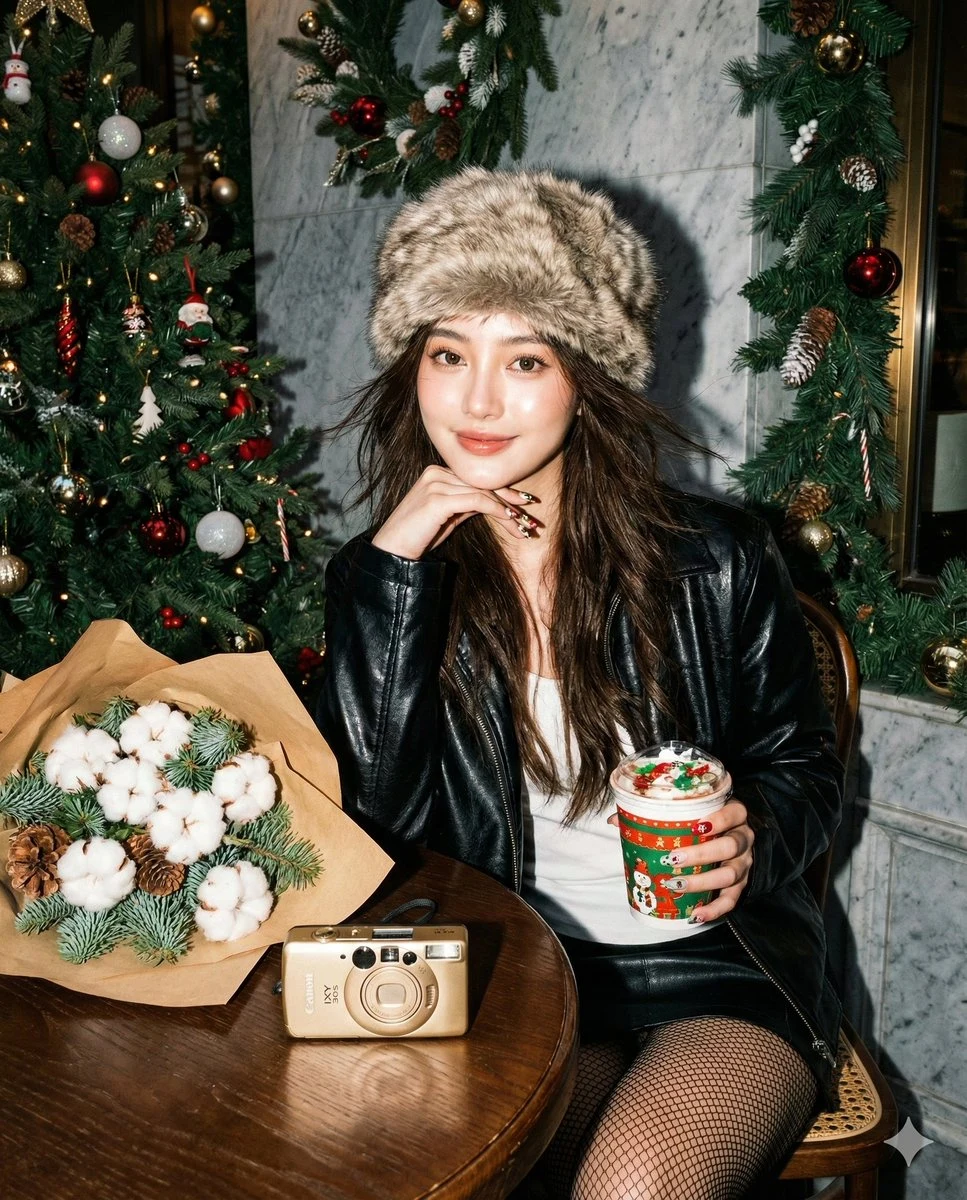 Девушка в кожаной куртке, ретро-снимок с эффектом вспышки, прямой свет, рождественская атмосфера