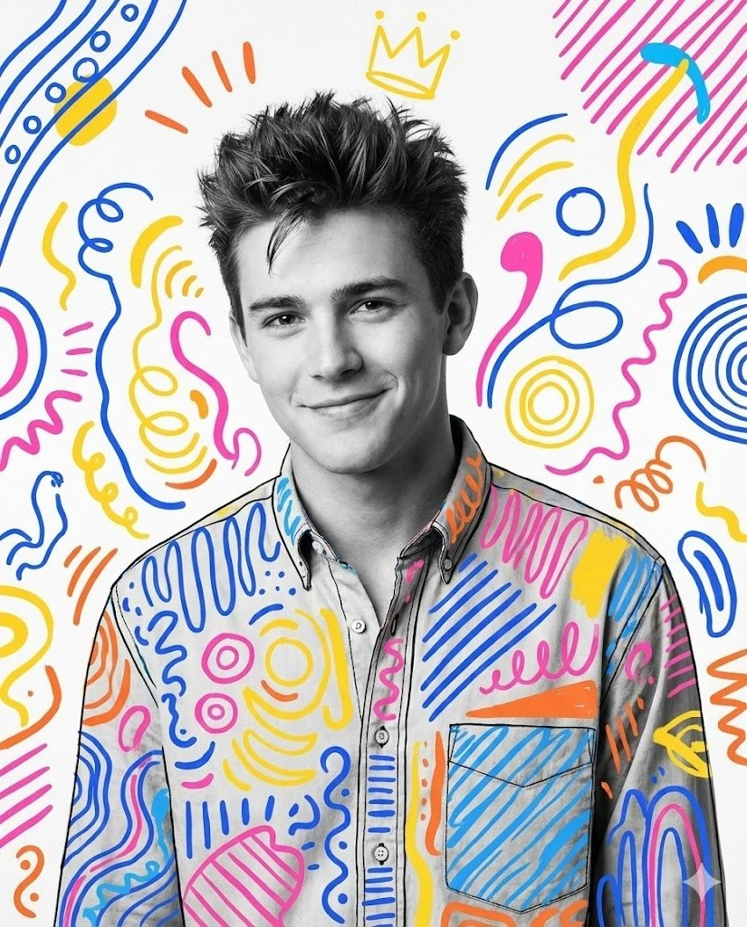 モノクロの人像に彩色されたグラフィティを重ねたクリエイティブなポップアート