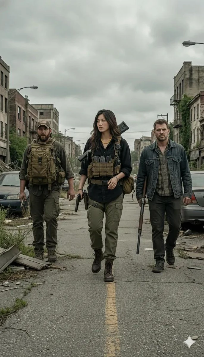 映画級の照明下における終末の廃墟と武装した生存者