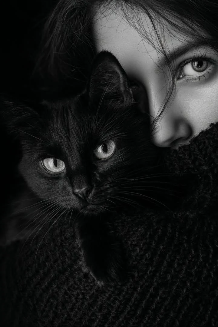 Woman and Black Cat in Extreme Black and White Lighting