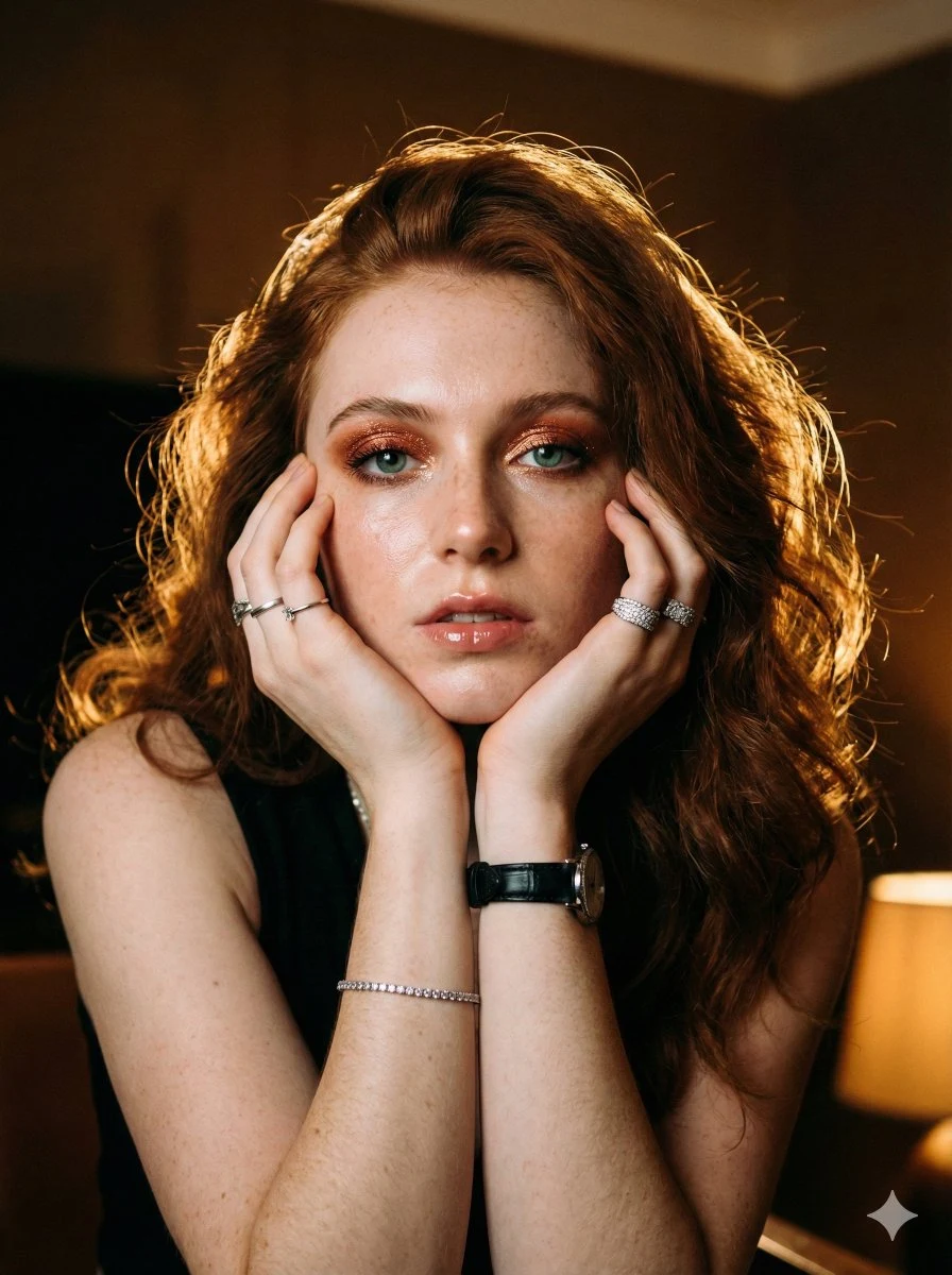 没入感のある温かみのある光の中で、銅色の髪とほくろのある女の子のアップショット