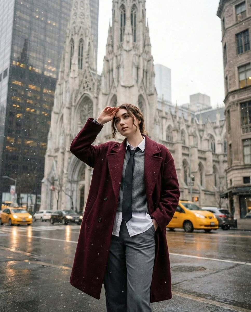 天から降る雪が街を濡らし、酒色のコートを着た清々しい少女