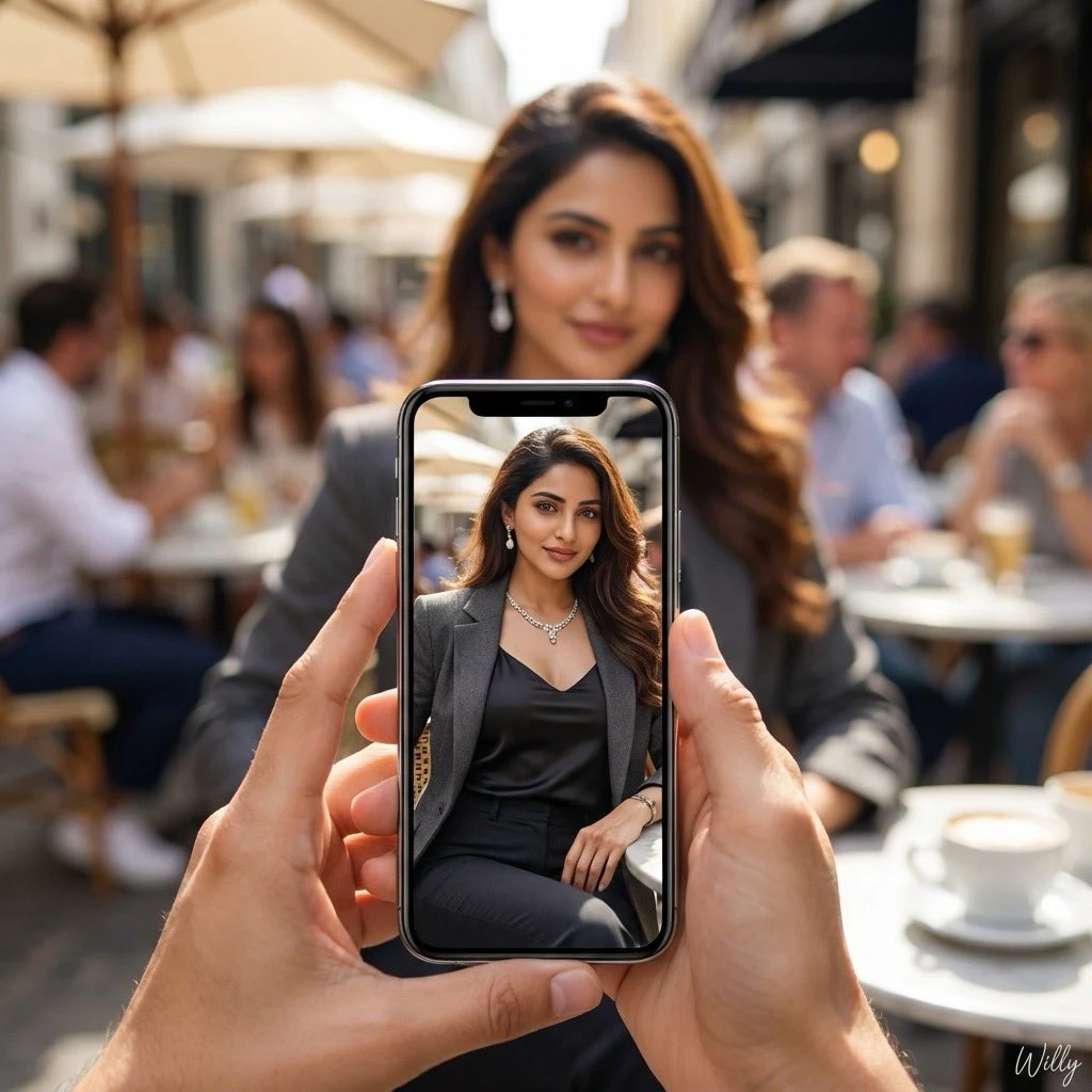 المرأة الجذابة الملتقطة في الشارع من مقهى مفتوح