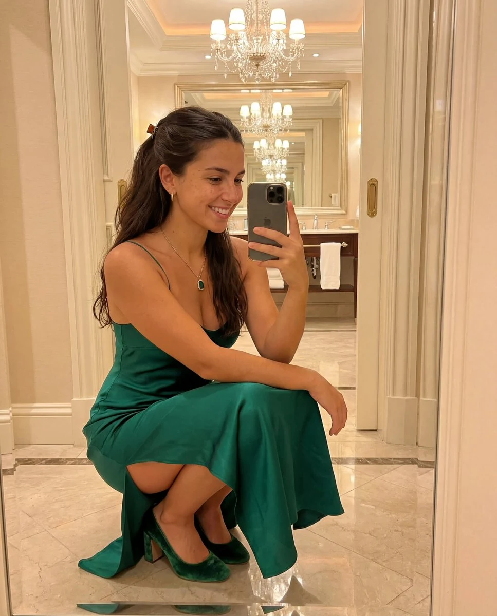 Elegant mirror selfie in a emerald green long dress at a luxurious hotel