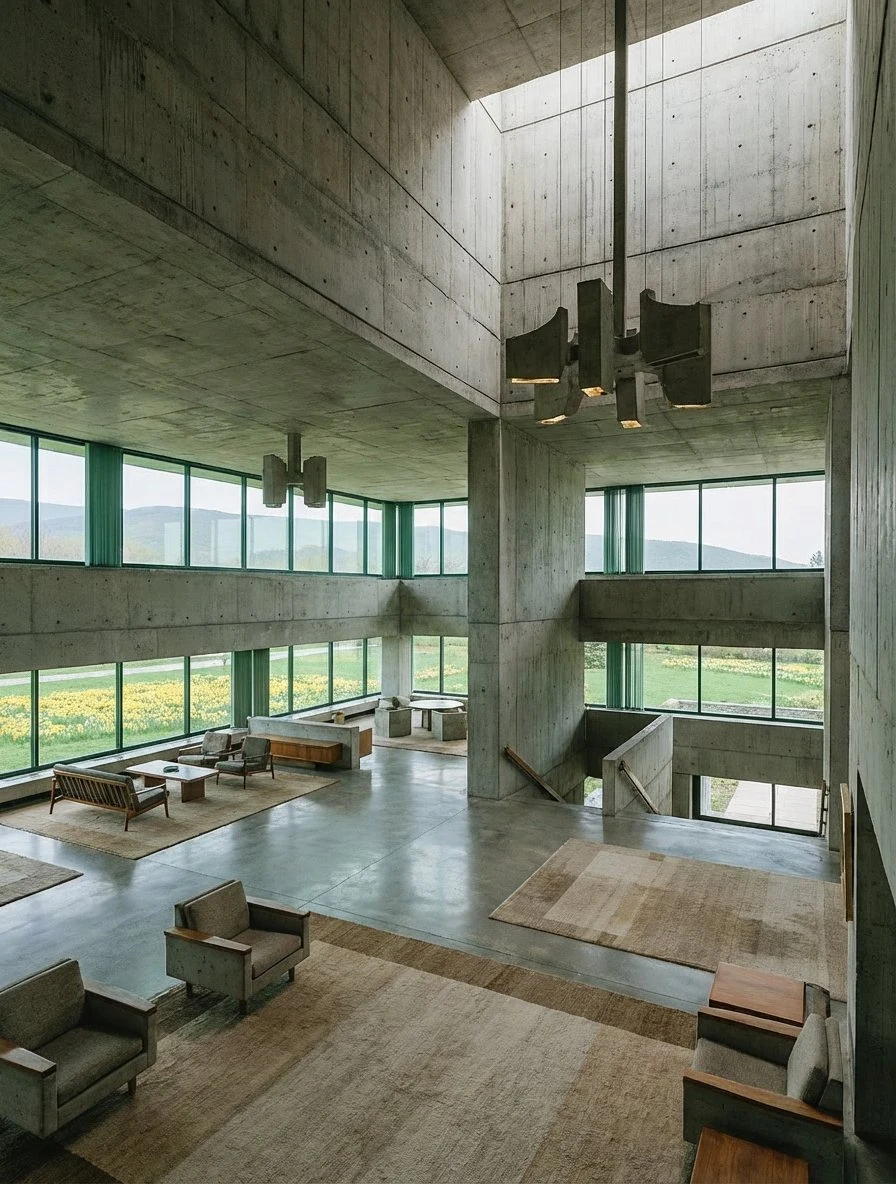 Perspective of the grand interior space of a building where light and shadow intertwine