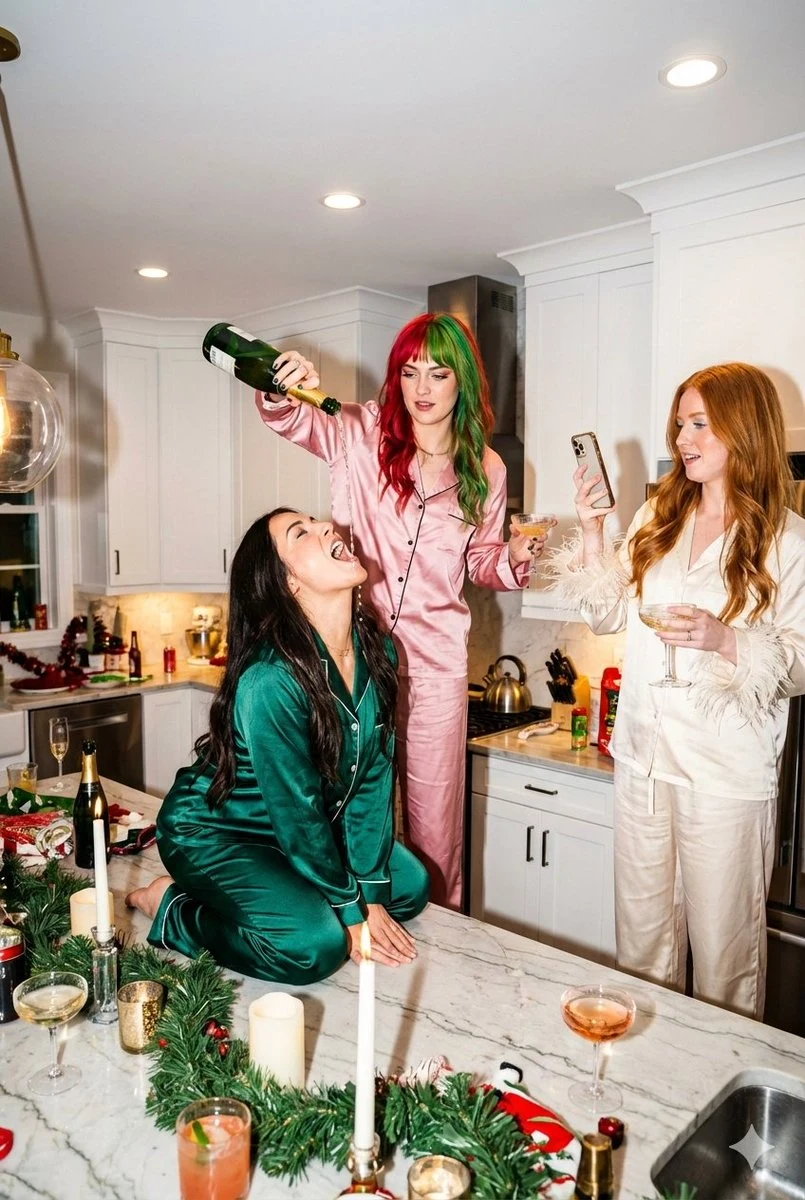 Champagne celebration party in a modern kitchen under the flashlights