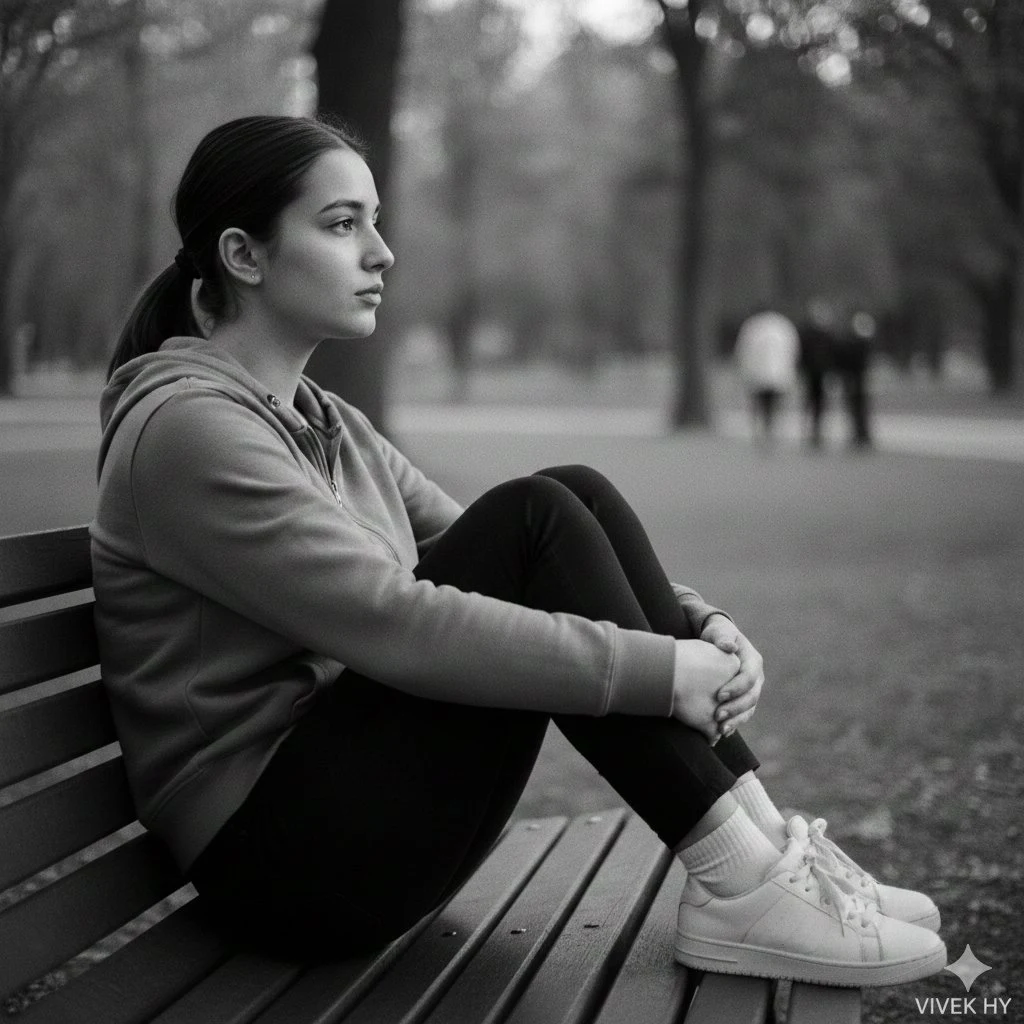 Contemplative Girl in Black and White Film Portrait Under Interplay of Light and Shadow