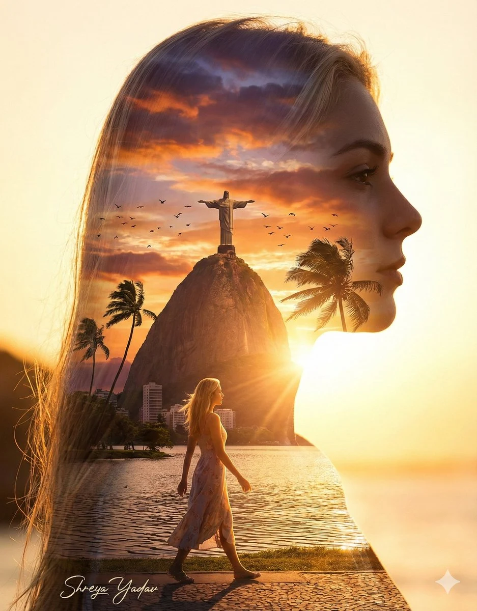 Double exposure au cinéma : le profil d'une blonde au rêve brésilien de Rio