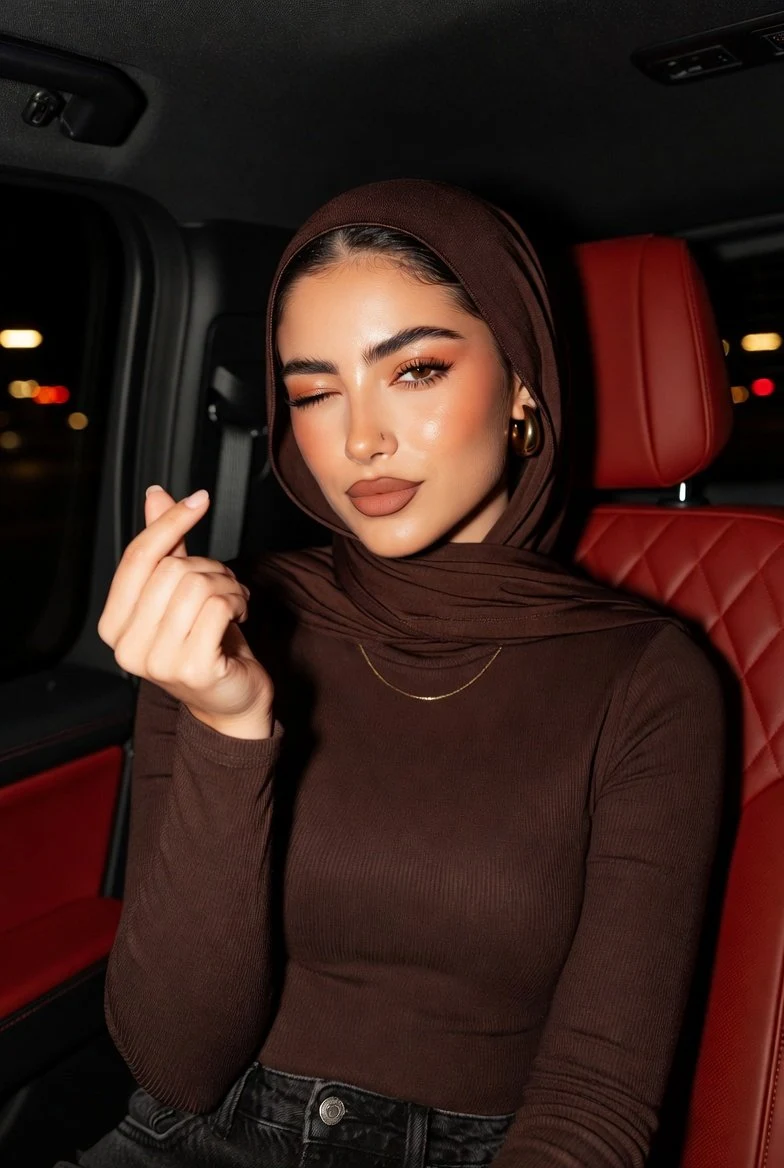 Gros plan cinématographique d'une belle femme voilée faisant un geste de cœur et clignant de l'œil à l'intérieur d'une voiture de luxe