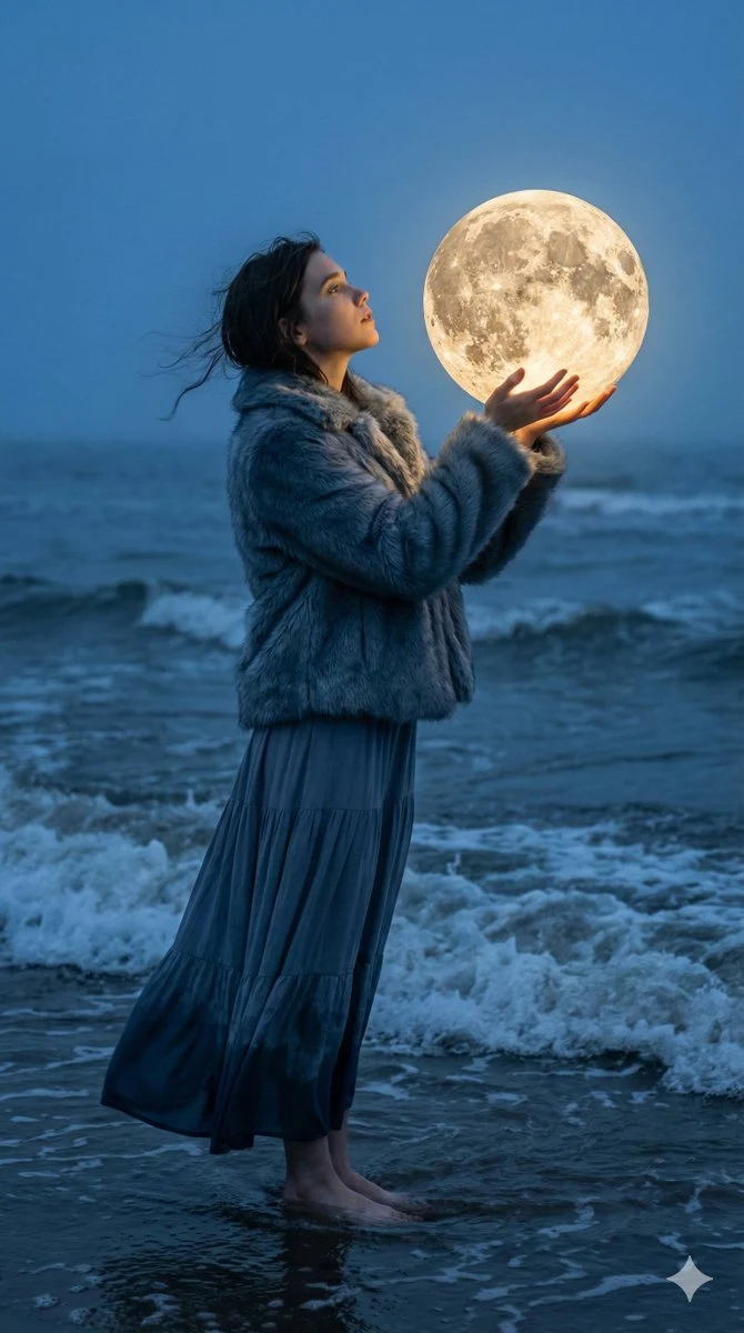 The beautiful silhouette of someone holding a dreamy glowing moon at the seaside as dusk falls.