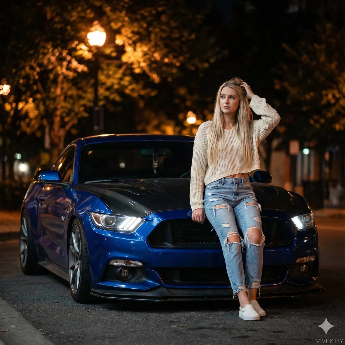 Street style d'une jeune fille aux cheveux dorés et d'un mustang bleu dans la nuit