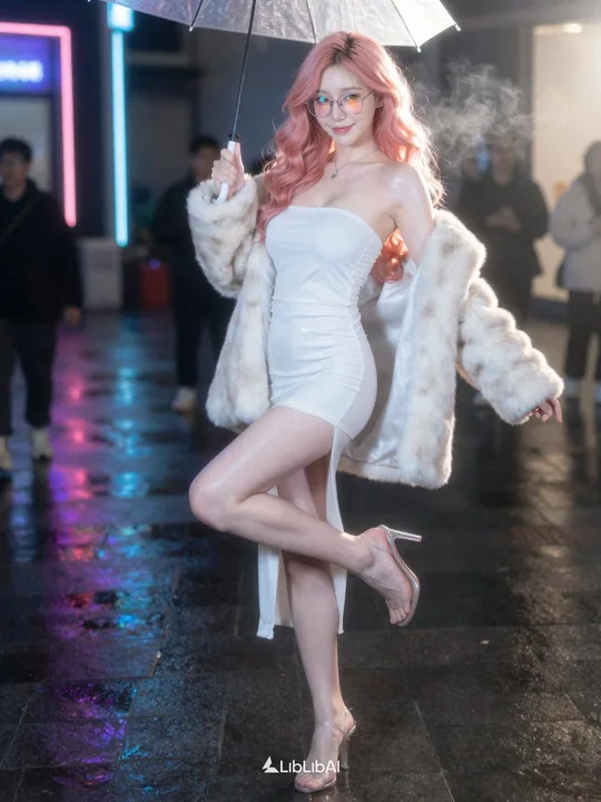 Mannequin aux cheveux roses exhalant un charme extrême sous la pluie dans une ville néonique