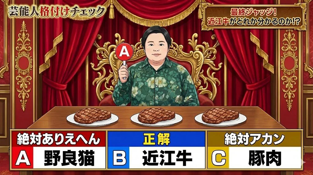 Сцена из японского телешоу с роскошным залом для телевещания, где эксперты определяют премиальную говядину