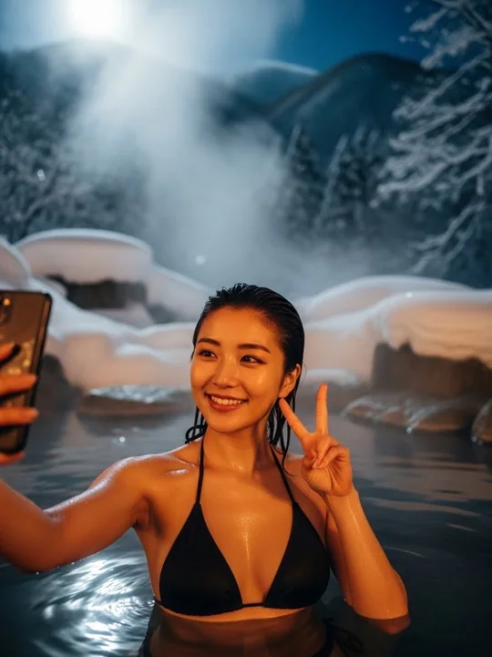 Selfie of a Japanese-style beauty girl in a black bikini at a hot spring in a snowy forest