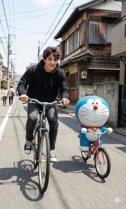 阳光下的日系街头少年与哆啦A梦骑车同行的超写实瞬间