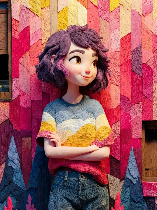 فتاة شابة تُشفى أمام جدار خشبي ملون بأسلوب بิกس