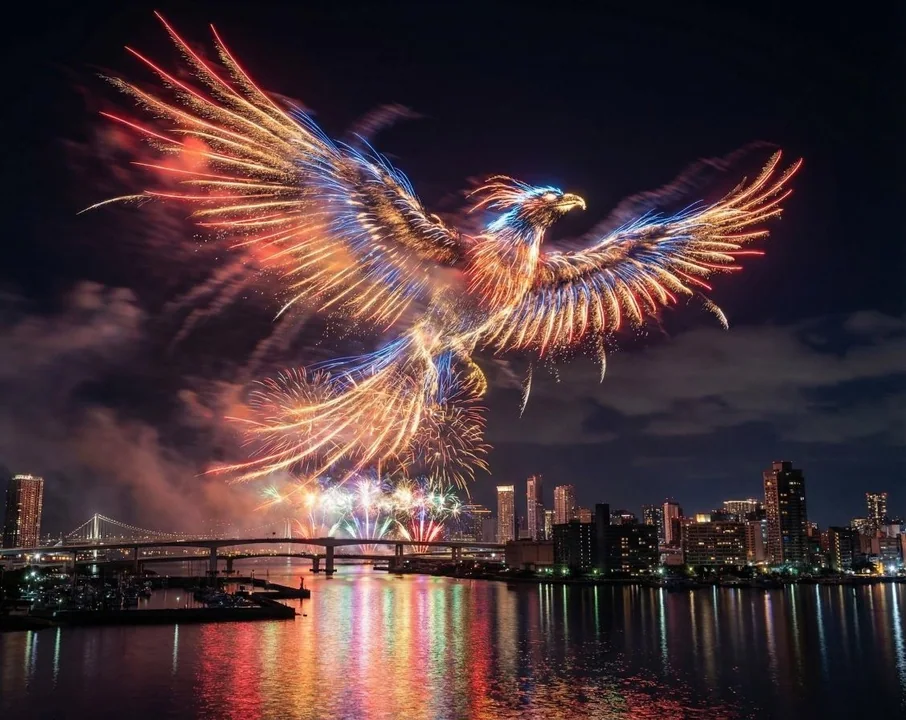 Яркие, индивидуальные фейерверки освещают восторженную ночной панораму прибрежного города