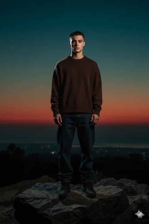 ブルー・アワーの岩場でカットした青年のフラッシュ撮影