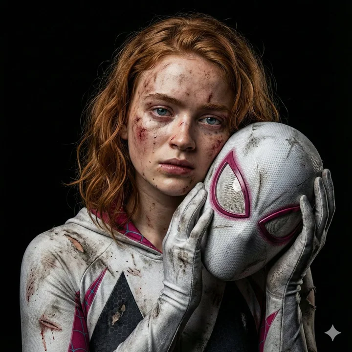 Hyper-realistic movie-style portrait of Spider-Man Gwen with a battle-damaged makeup look