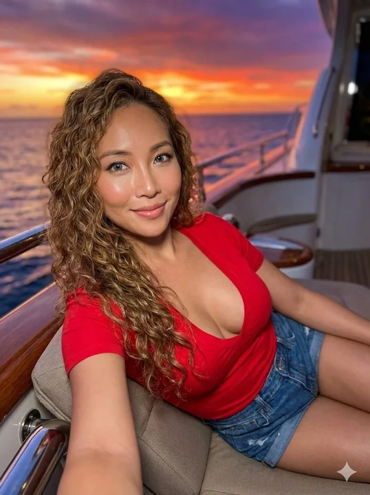 Caramel-haired beauty in a red dress on a yacht at sunset in the Caribbean Sea