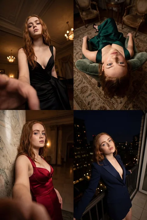 Luxurious evening gown goddess under the extreme wide-angle lens, creating a highly dynamic visual impact.