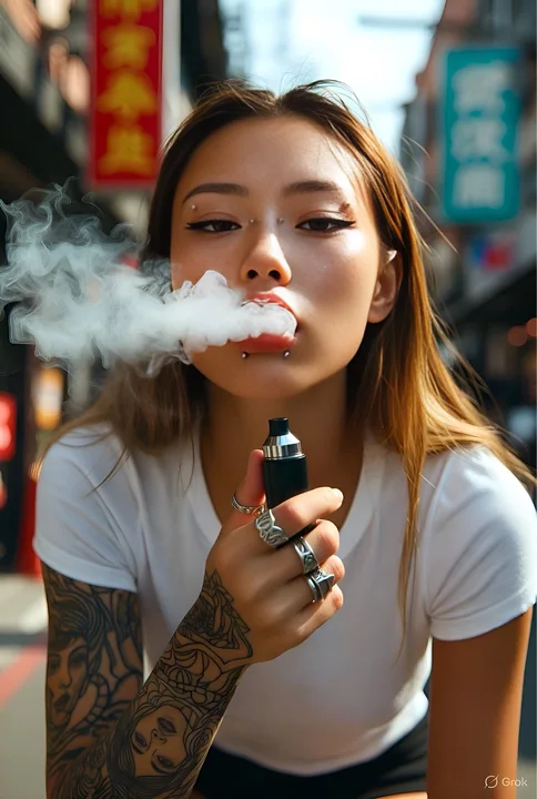 东京后巷阳光下吞云吐雾的纹身辣妹