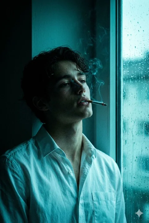 Кадр фильма с меланхоличным курящим человеком в тонах халцедона