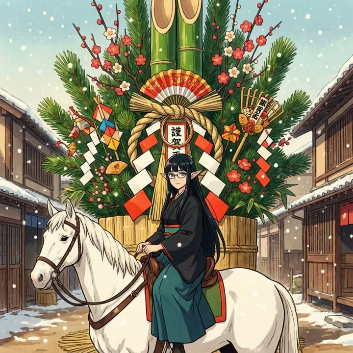 2026年新年门松下的黑发和服精灵