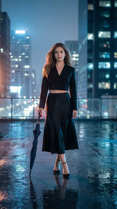 霓虹雨夜天台上的冷艳都市丽人