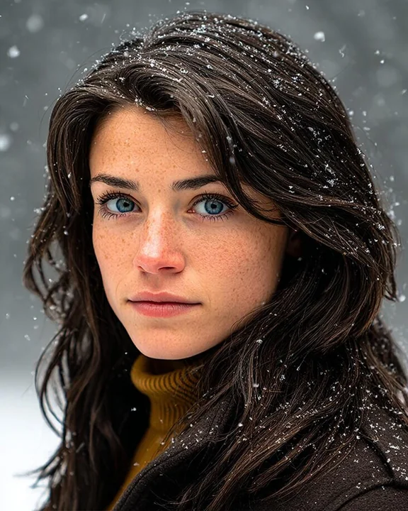 Realistic portrait of a girl with deep blue eyes gazing into the vast sky amidst falling snow.
