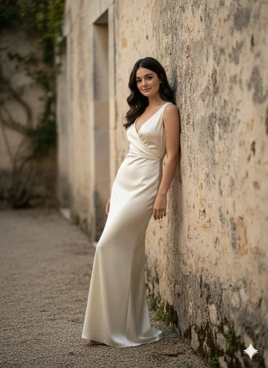 Warm white silk portrait of a fashion model under the aged stone wall