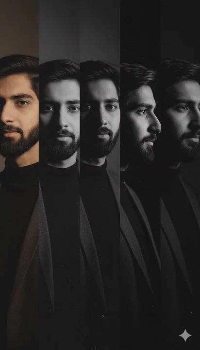 Black and white male emotion five-shot collage with light and shadow carving