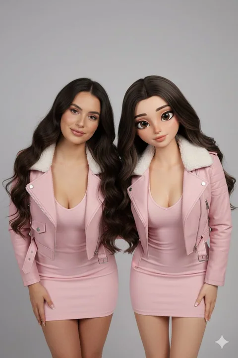 真实与3D风格对比:穿粉衣姐妹的镜像摆拍