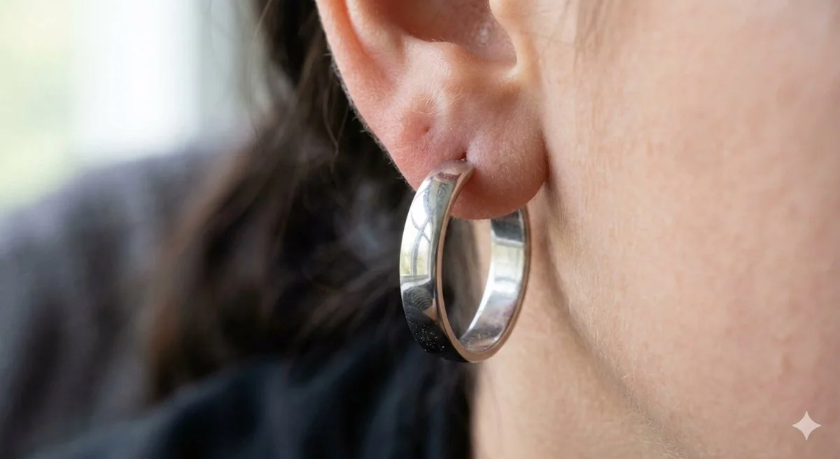 Delicate earrings and smooth skin captured through realistic macro photography