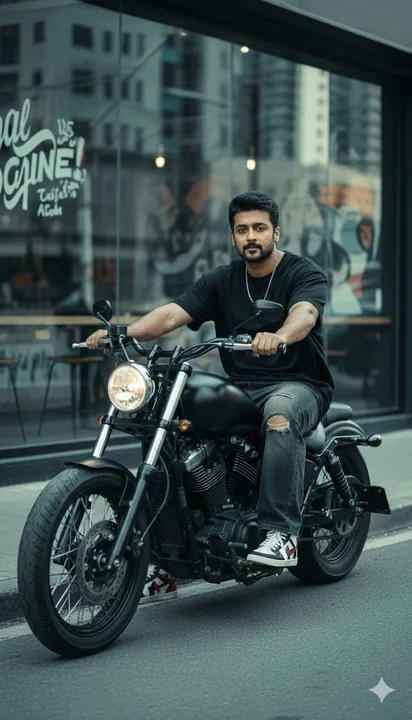 Смуглый подросток на мотоцикле в тени мрачного уличного освещения