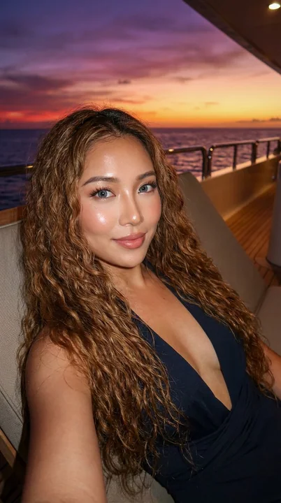 Корейская богиня в закатных лучах на яхте