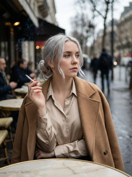 Femme élégante au style sobre dans un café parisien sous la pluie