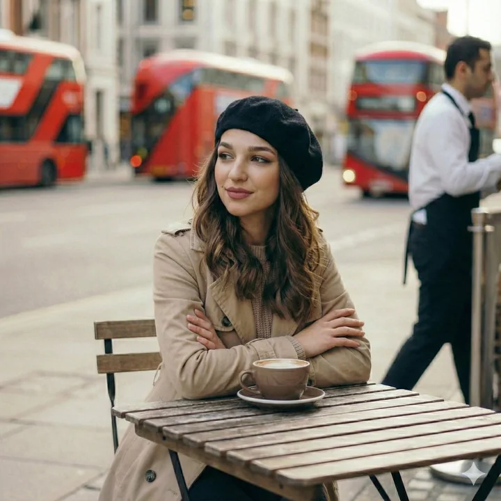 Le calme matinal d'un café à Londres au printemps, une jeune fille