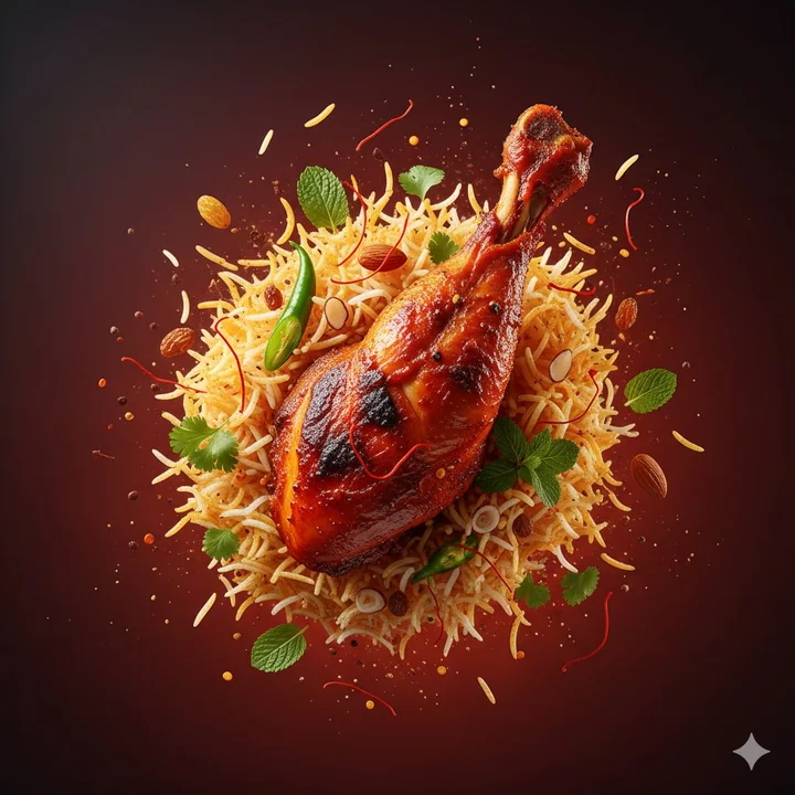 Spicy Chicken Biryani with Suspended Explosion Visual