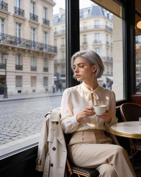 Серебристоволосая юная леди в кафе на окне в Париже