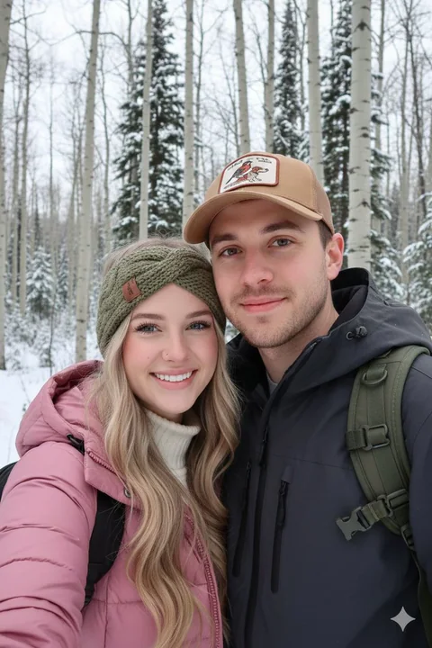Snowy forest hiking romantic couple self-portrait with a sweet and atmospheric feel